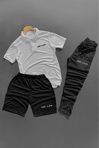 NOFLEN Polo Yaka Printed 3-Piece Shorts and Sweatpants Set