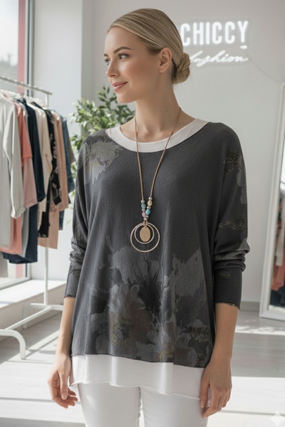 Chiccy Italian Anthracite Pool Neck Long Sleeve Patterned Thin Two-Piece Set Sleeveless Combed Cotton Casual Knitwear Blouse 70 65