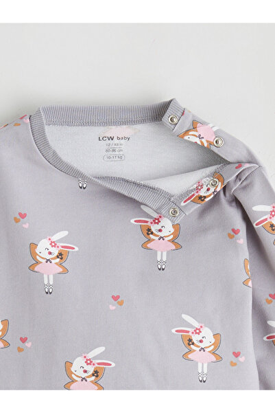 LC Waikiki Baby Gray Rabbit Printed Baby Girl Sweatshirt and Sweatpants