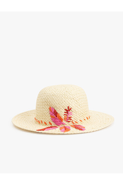 Koton Straw Hat with Leaf Embroidery Detail