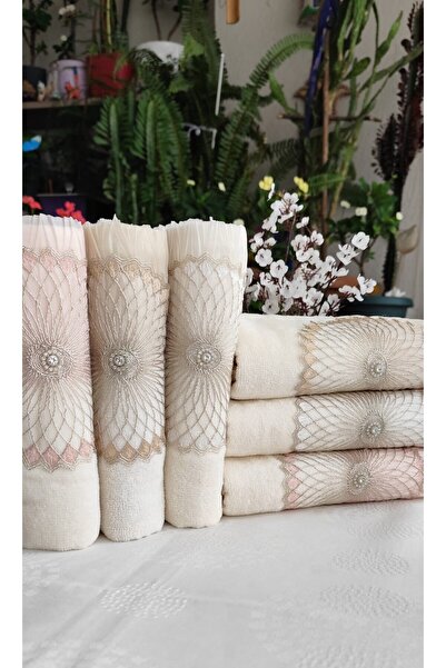 A.Z.H. (Set of 6) 50X90 Cm. Gilded Lace Velvet Texture Pleated Hand and Face Luxury Towel Set