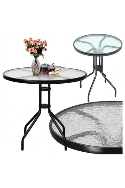 Optim Solution Round Steel Side Table with Tempered Glass Top for Balcony or Terrace, 50 kg Capacity, Black
