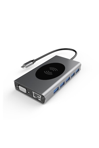 zyteq Docking Station USB-C ZYTEQ, 13 în 1, HDMI 4K, USB 3.0/2.0, PD Type-C, SD/TF, VGA, Ethernet, gri