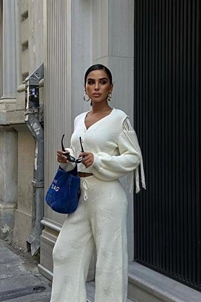 LONCA Knitted Set Cardigan Pants With Tassels