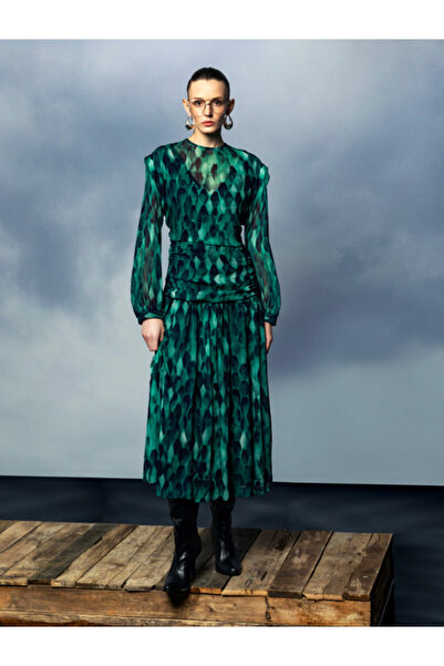 KAMEYA Transparan Detaylı Zümrüt Uzun Elbise