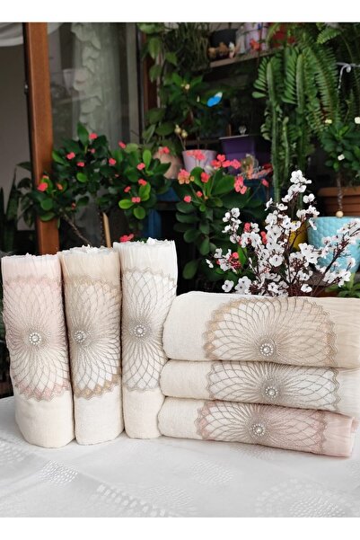 A.Z.H. (Set of 6) 50X90 Cm. Gilded Lace Velvet Texture Pleated Hand and Face Luxury Towel Set
