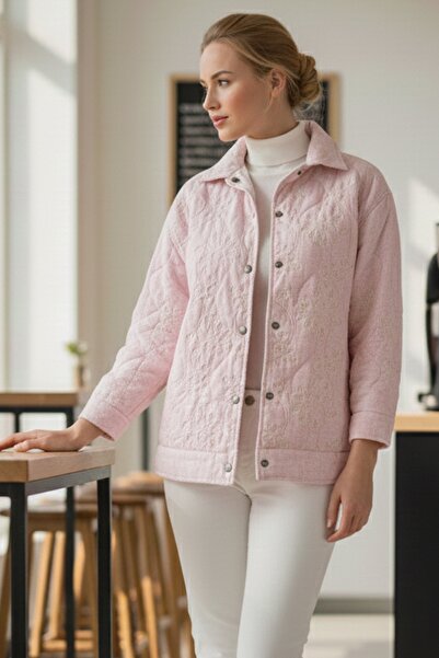 Chiccy Pastel Pink Shirt Collar Long Sleeve Snap Fastener Casual Quilted Woven Jacket 68 55