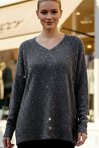 Chiccy Black V-Neck Long Sleeve Slit Silvery Casual Long Back Oversized Knitwear Sweater 70 75