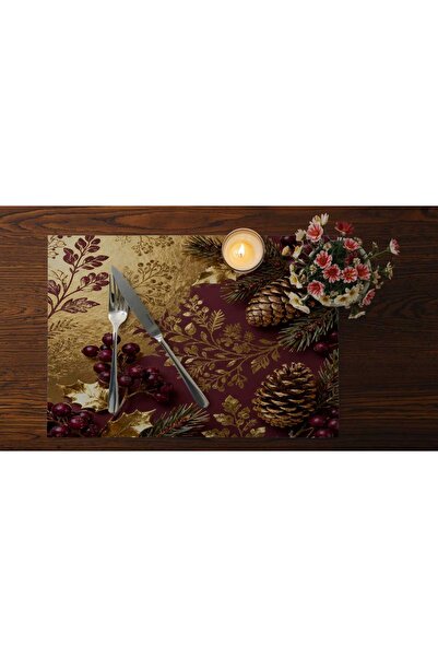 Queen Jera 2-Piece Christmas American Tablecloth – 30X45 cm Gold Pattern on Burgundy Pine Cone 2-Piece Fabric Set