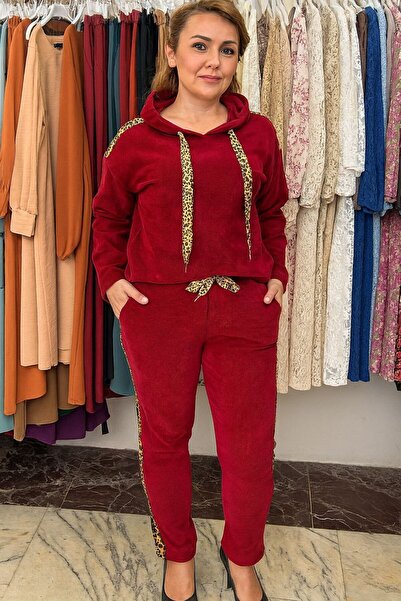 AGORATEKSTİL Women's Original Italian K Hooded Chenille Velvet Leopard Detailed Top and Bottom Set