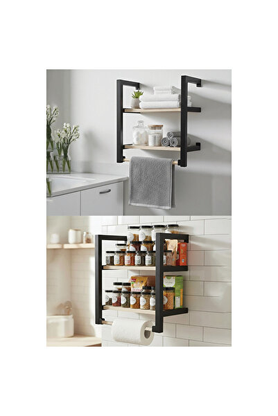 decorelax رف حائط لحمل المناشف من الخشب الطبيعي والمعدن الأسود مع رفوفين للحمام والمطبخ