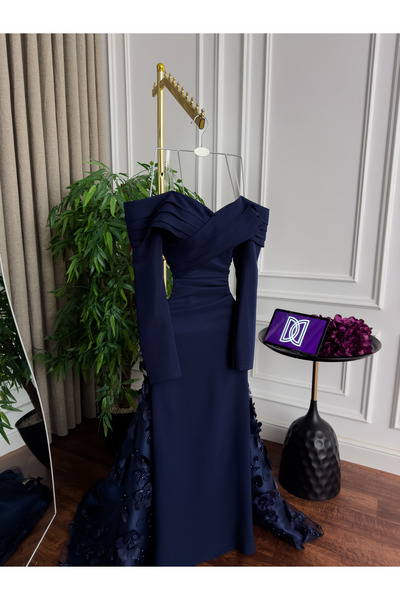 Generic Luxury Barbie evening gown with a Mikado train - 3D embroidered rose trim - in royal blue