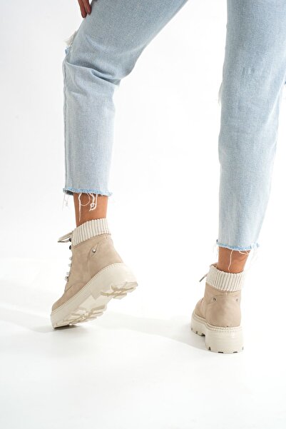 Zerenyus Γυναικείες καθημερινές μπότες ZRİN-2045 Premium Beige Suede με κορδόνια
