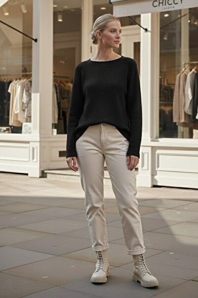 Chiccy Black Boat Neck Long Sleeve Thessaloniki Knit Casual Oversized Knitwear Sweater 66 68