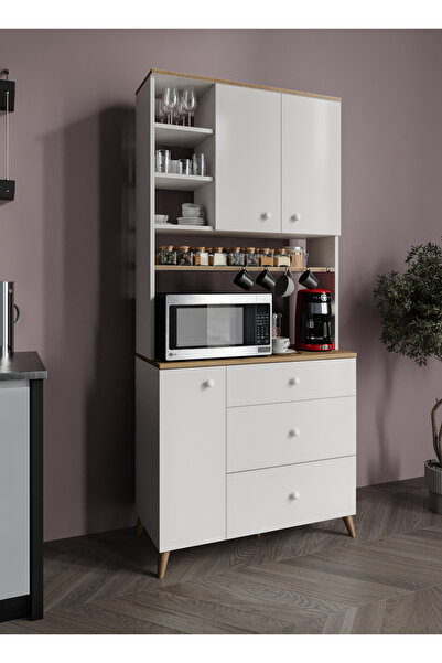 WENCE Stella Kahve Köşesi Dolabı Aytaşı Beyaz-Meşe 90cm, Erzak Dolabı, Kiler ...