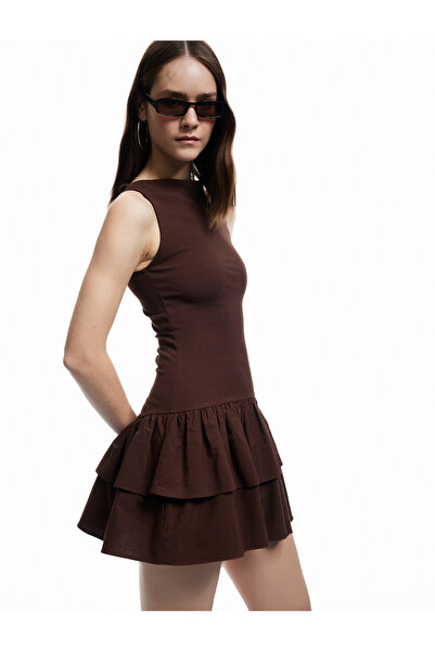 Koton Памучна мини рокля с набори, прилепваща кройка, лодка деколте и без ръкави