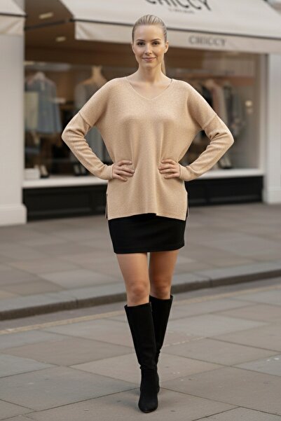 Chiccy Milky Coffee V-Neck Long Sleeve Slit Glitter Casual Long Back Oversized Knitwear Sweater 70 75