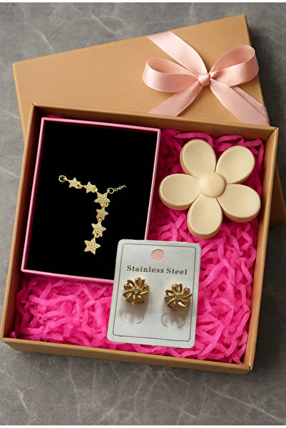 Be Fancy Hediyelik Takı Kutusu Çelik Yıldız Y Kolye/Çiçek Küpe Ve Saç Tokası