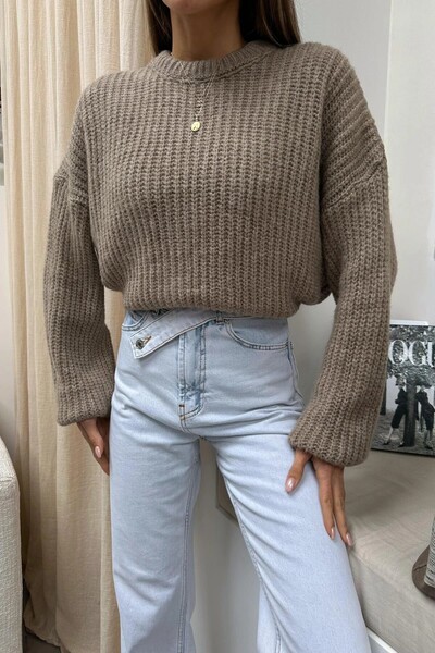 HARMONY GLOBAL Women's Dark Beige Balloon Sleeve Thick Thessaloniki Knit Oversized Sweater – Soft Texture, Warm 1700