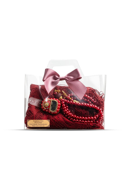 Hayrat Neşriyat Tasbih + Lace Shawl + Zikirmatik Gift Set (Acetate Boxed, Burgundy)