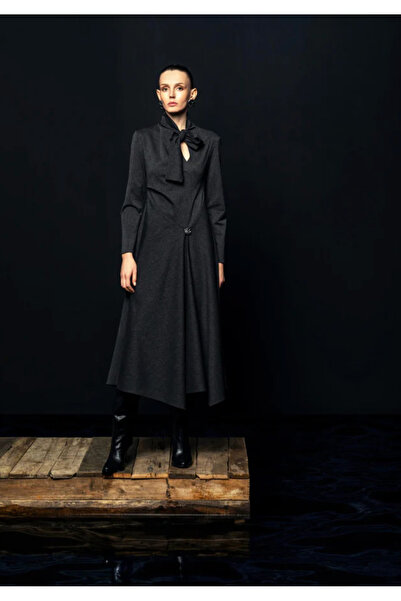 KAMEYA Fular Yakalı Kahve Uzun Elbise