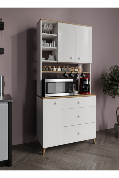 KZNMOB HOME Stella Kahve Köşesi Dolabı Aytaşı Beyaz-Meşe 90cm, Erzak Dolabı, Kiler Dolabı