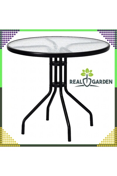 Optim Solution Round Steel Side Table with Tempered Glass Top for Balcony or Terrace, 50 kg Capacity, Black