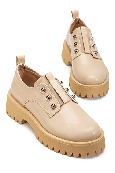 Dilimler Ayakkabı Women's Casual Daily Shoes Beige Wrinkled Patent Leather Thick Sole Without Laces