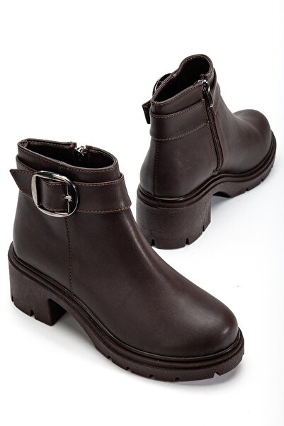 Dilimler Ayakkabı Women's Heeled Boots Brown Faux Leather Side Buckle Thick Sole