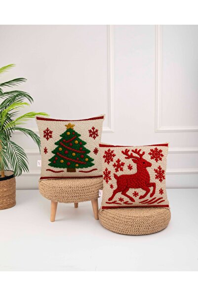 menesahome Punch Tasarımlı Noel Ağacı ve Geyik Desenli Dijital Baskılı Kırlen...