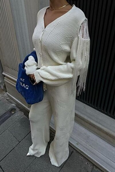 LONCA Knitted Set Cardigan Pants With Tassels