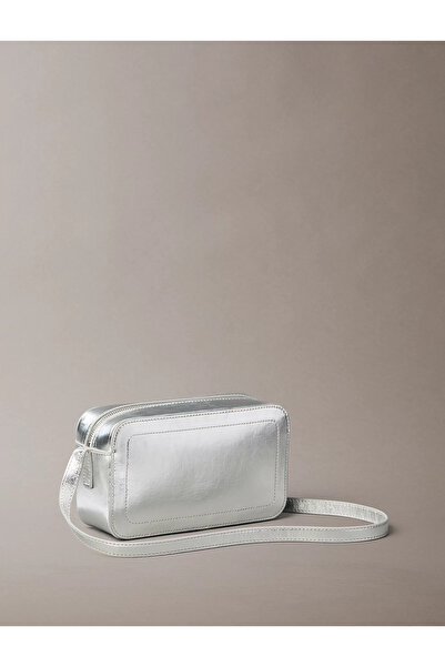 Calvin Klein Women's Shiny Leather Zipper Closure Adjustable Strap Ck Letter Pattern Silver Shoulder Bag Lv04F3331G-3Jh
