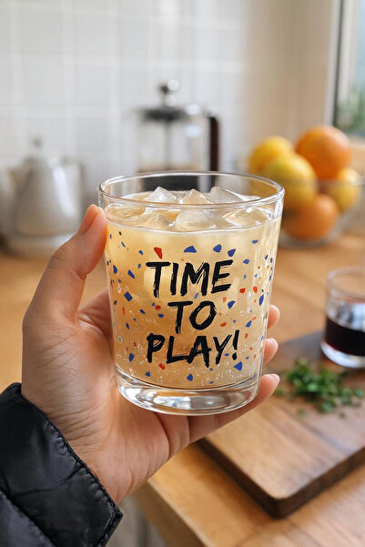 SİHİRLİ AYAKLAR 6-Piece Glass Slogan Water Cup Soft Drink Cup'Time to Play' Written Soft Drink Cup 330 ml