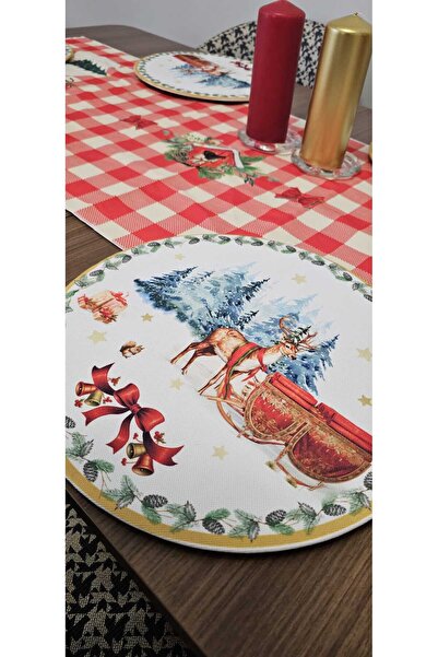 Patiska Tasarım New Year Themed 6 Pieces 32 cm Elastic Placemats + 6 Pieces Wooden Placemats Different Patterns 50X140 Runner Table Set