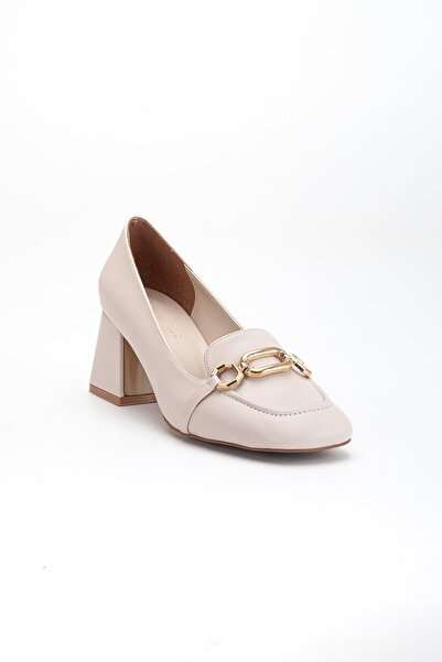 Dilimler Ayakkabı Large Small Size Blunt Toe Buckle Skin Beige Women's Thick Heeled Shoes
