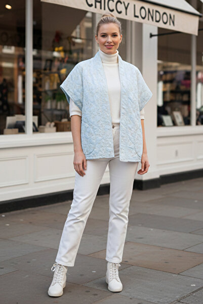 Chiccy Baby Blue χωρίς γιακά, χωρίς μανίκια, χωρίς κλειστές τσέπες, casual καπιτονέ oversized υφαντό μπουφάν κιμονό 80 70