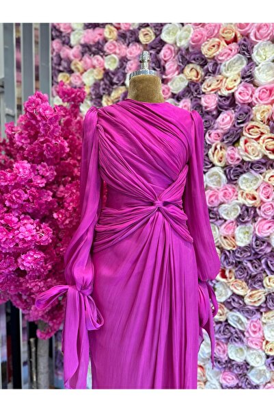 YuSeM Krinkıl Saten Abiye Fuşya