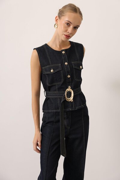 SHILSEE BEUTİQUE Women's Gold Detail Belted Vest Pants Denim Suit Navy Blue