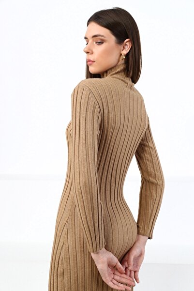 Ferraro Camel Half Fisherman Corded Fabric Midi Length Cashmere Women's Knitwear Dress
