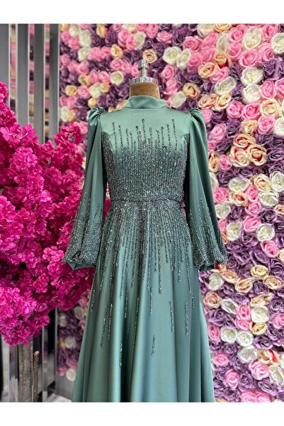 YuSeM İşleme Detaylı Saten Abiye Haki