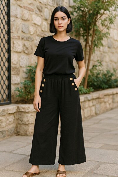 AGORATEKSTİL Women's Velvet Fabric Side Button Detailed Wide Leg Corded Fabric Pants