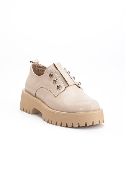 Dilimler Ayakkabı Women's Casual Daily Shoes Beige Wrinkled Patent Leather Thick Sole Without Laces