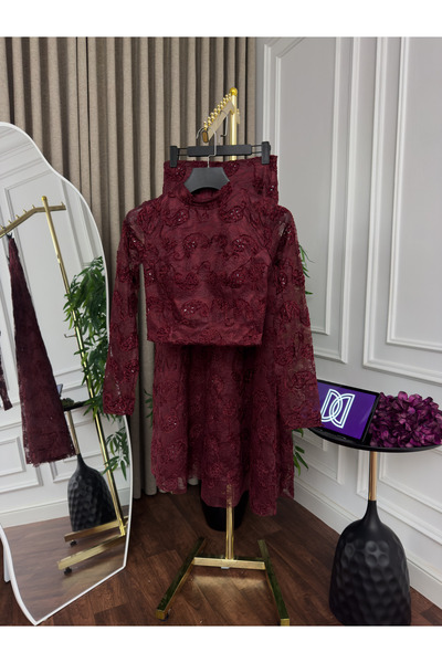 Generic Luxurious full lace evening set - top and wide skirt - elegant design with a royal burgundy floral pattern