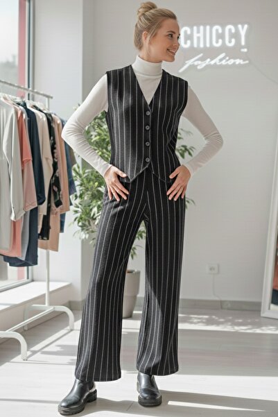 Chiccy Black V-Neck Sleeveless Striped Elastic Waist Casual Oversized Knitwear Vest Pants Set 55-110 55-55