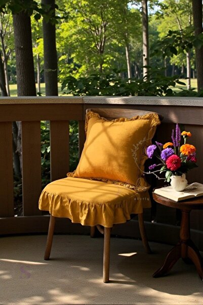 shules collection Mustard Color Washed Linen 4-Sided Ruffled Chair Cushion