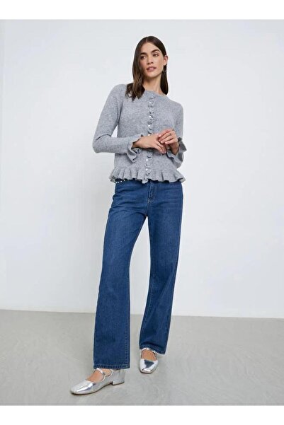 Cockatoo Ruffle Detailed Long Sleeve Crew Neck Knitwear Cardigan