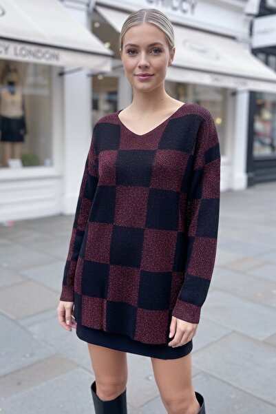 Chiccy Black-Burgundy V-Neck Long Sleeve Plaid Slim Silvery Casual O Oversized Knitwear Sweater 73 64