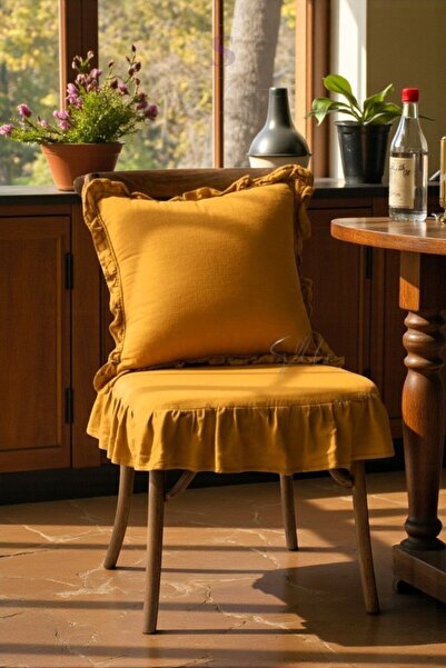 shules collection Mustard Color Washed Linen 4-Sided Ruffled Chair Cushion