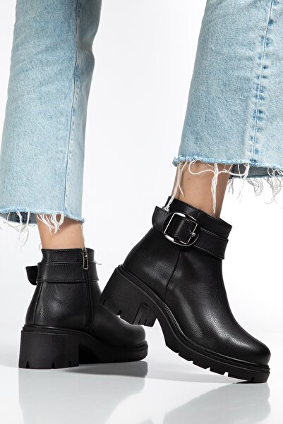 Dilimler Ayakkabı Women's Heeled Boots Black Faux Leather Side Buckle Thick Sole
