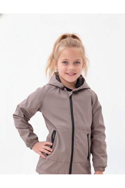 blayn jeans Girl's Dark Cream Lined Waterproof and Windproof Double Zipper Raincoat